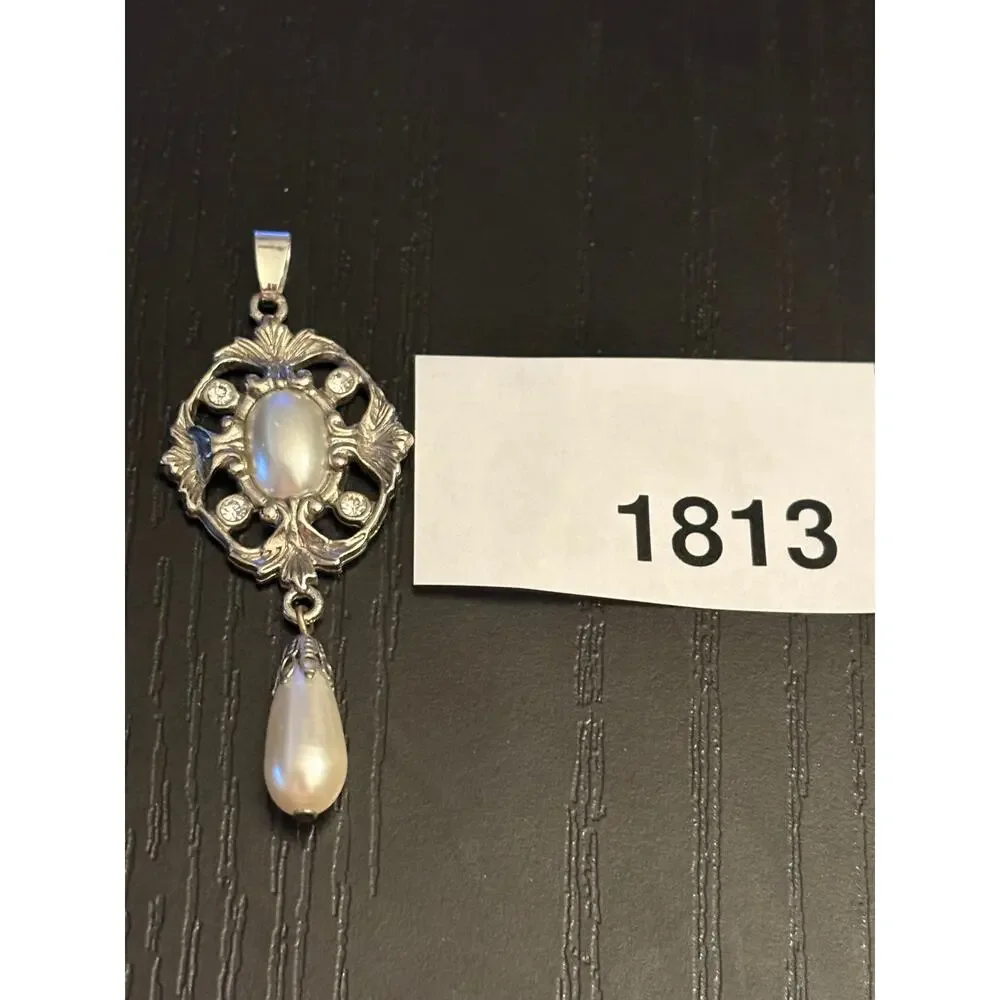Art Nouveau Style Pendant, Faux Moonstone & Pearl Drop